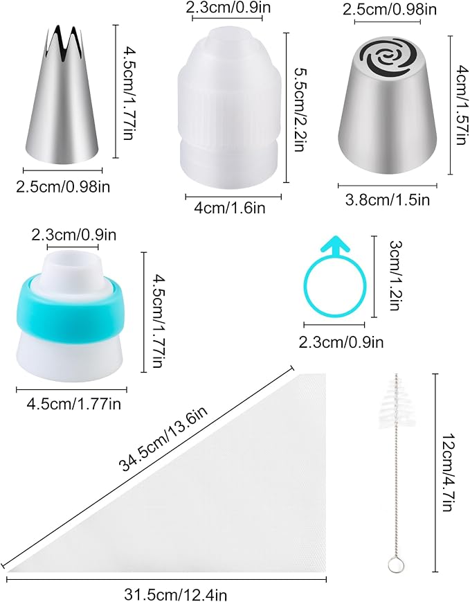 Russian Piping Bags with Nozzles 54 Pieces, Cake Accessories with Piping Nozzles, Stainless Steel, Piping Bag for Cupcakes, Cakes, Decorating Cakes