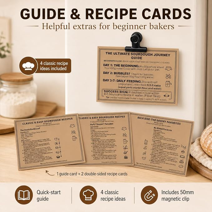Sourdough Starter Kit for Beginners, 34oz Wide Mouth Sourdough Starter Jar with Guide & Recipes, Fridge Magnet Clip, Thermometer, Feeding Band, Spatula, Cloth & Aluminum Lid, Bread Baking Supplies