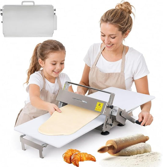 Stainless Steel Manual Dough Sheeter for Home & Commercial Use, Foldable Pastry Roller with Adjustable Thickness 0-25mm, Ideal for Pizza, Croissant, and Pastry Making
