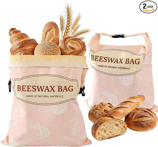 Beeswax Bread Bags for Homemade Bread, 2 Packs XL Reusable Cotton Linen Sourdough Bread Bags to Keep Bread Fresh (pink)
