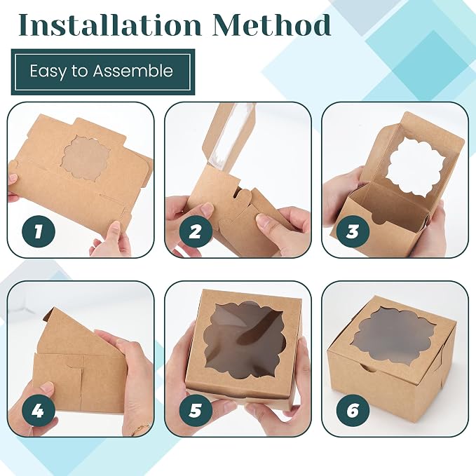 NPLUX 50pcs Cookie Boxes with Window Bakery Boxes Small Treat Boxes Mini Pie Boxes Pastry Boxes 4x4x2.5in, Graduation Gifts Party Favors(Brown)