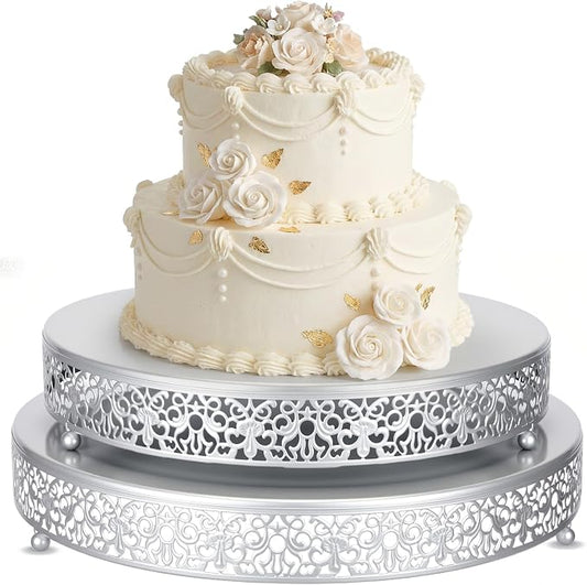 Wenqik 2 Pack Cake Stand Set, 14/16 Inch Metal Round Cupcake Dessert Stand Decorative Elegant Cake Display for Weddings Party Birthday Baby Showers Anniversary(Floral Lace,Silver)