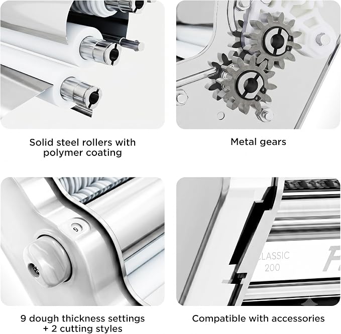 PASTALINDAClassic 200 Pasta Maker Machine, 20 cm Wide Rollers, 9 Thickness Positions, 2 Cutting Positions, Stainless Steel. Includes Reinforced Hand Crank And Two Clamps (Crome)