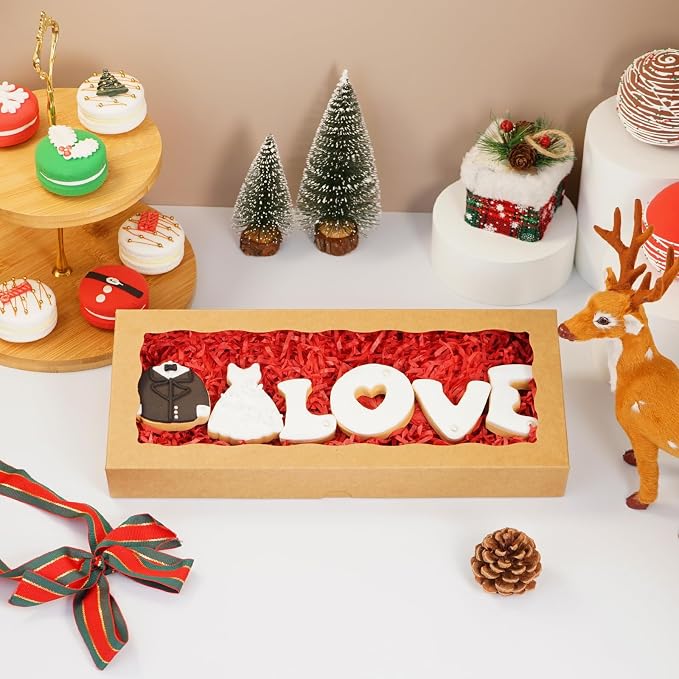 5pcs Cookie Boxes 12 x 5 x 1.5 Inch Bakery Boxes with window Chocolate Covered Strawberries Box for Christmas Valentine's Mother's Day- Brown