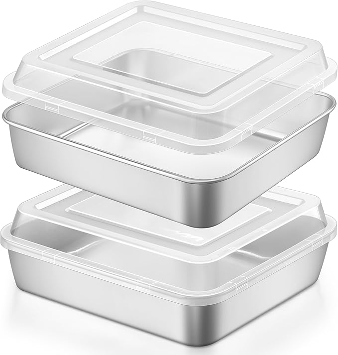 LIANYU 9 x 9 Inch Square Baking Pan, 2 Pack Stainless Steel Square Cake Pan Set with Lid, Metal Baking Dishes for Bread Lasagna Brownie Cookie, Oven & Dishwasher Safe (2 Pans + 2 Lids)