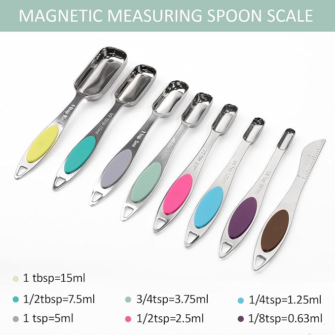 Magnetic Measuring Spoons Set Includes 7 Stainless Steel Magnetic Measuring Spoons,Nesting Measuring Spoon Teaspoon with Leveler for Dry or Liquid Ingredients (8, Colorful)