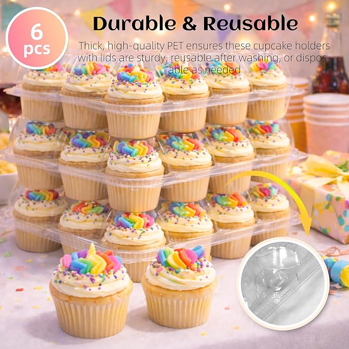 WIKDAY (12 Count x 12 Sets Plastic Cupcake Containers with Liners, Clear Cupcake Holder with Lids, Disposable Cupcake Carrier for Bakery, Cupcake Storage Box for Parties, Bake Sale Packaging