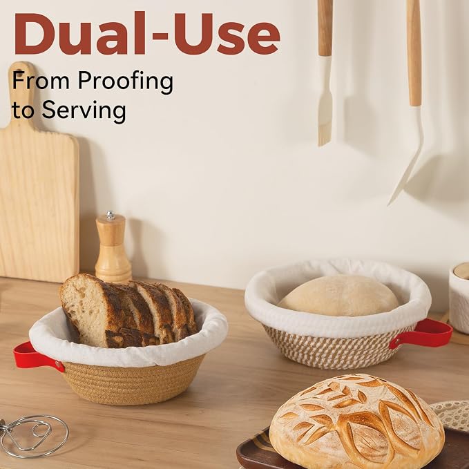 Banneton Bread Proofing Basket Set of 2, 9" Round Cotton Rope Proofing Baskets with Liners & Covers, Sourdough Bread Baking Supplies
