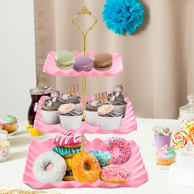 DAFURIET Dessert Cupcake Stand, 3 Tier Cup Cake Holder Tower for Tea Party/Birthday/Wedding, Plastic Tiered Serving Tray with Metal Rod, Pink
