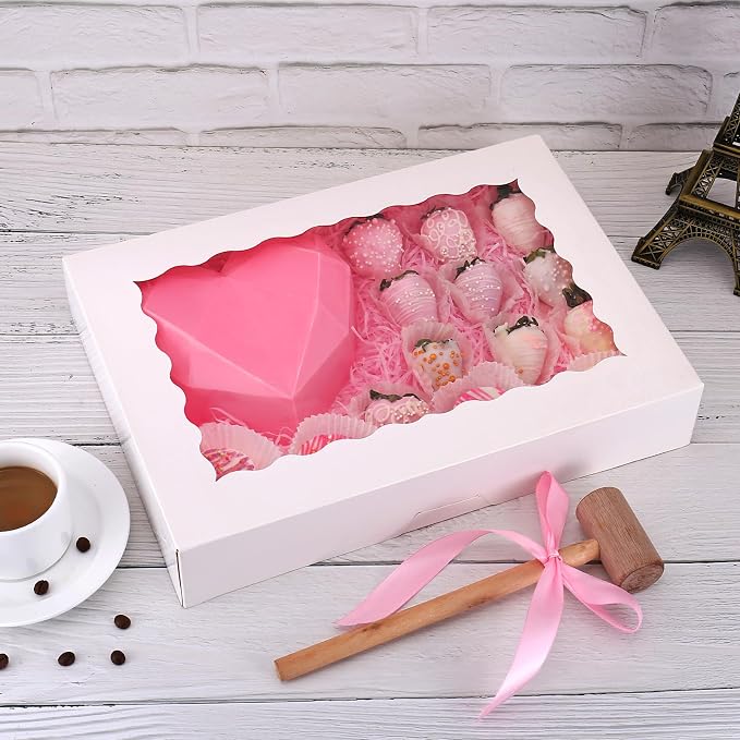 Tcoivs 20-Pack Bakery Boxes 14" x 10" x 2.5", Cookie Boxes, Auto-Popup Treat Boxes with Window for Donuts, Pies, Cakes, Muffins, and Pastries (White)