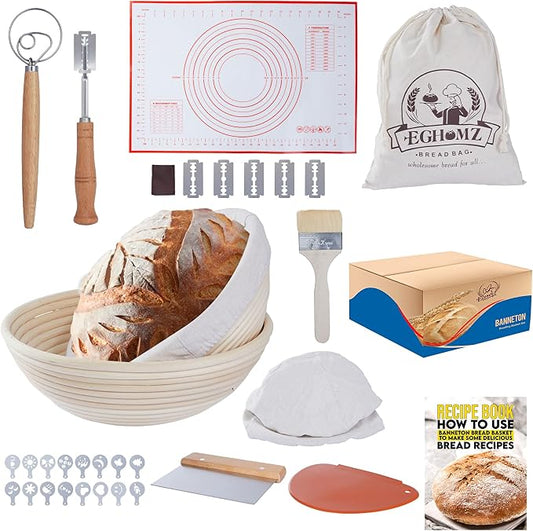 17 Pieces Banneton Bread Proofing Basket Set - 9 and 10 inch Round Sourdough Bread Proofing Baskets - A Complete Bread Making Kit, Danish Whisk, Bowl Scraper, Dough Scraper, & Bread Lame