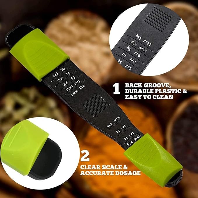 Adjustable Measuring Spoon, 9-in-1 Teaspoon Tablespoon Sliding, Space Saving, 1/8 TSP to 1 TBSP, Dry & Liquid, Double-Ended, Dishwasher Safe, Food-Grade Plastic - Performore, Black & Green