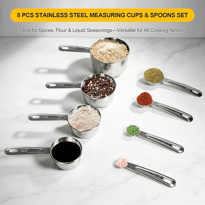 8 PCS Stainless Steel Measuring Cups and Spoons Set, Premium Measure Cups and Spoons Long Handle Stackable Measuring Cups for Kitchen Cooking & Baking, Dry & Liquid Dishwasher Safe
