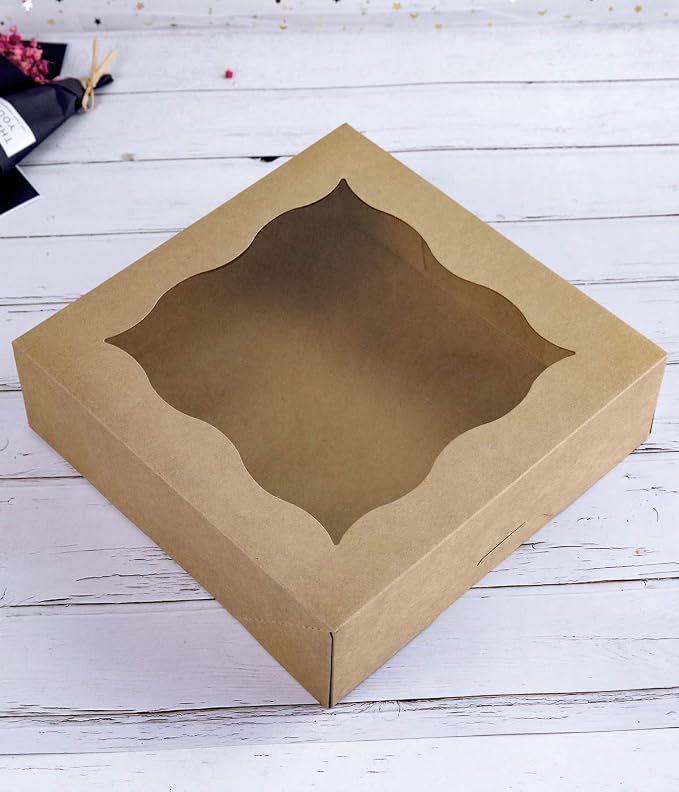 CHERRY 15-Pack 10"x10"x3"Brown Bakery Boxes with PVC Window for Pie and Cookies Boxes Large Natural Kraft Paper Box 10x10x3inch (Brown, 15)
