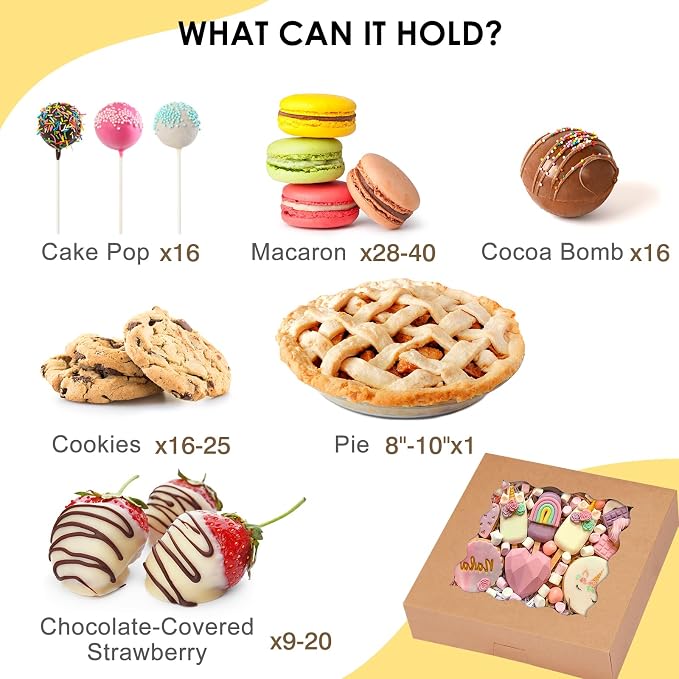 TOMNK 30pcs Pie Boxes, 10x10x2.5 Bakery Boxes with Window, Auto-Popup Brown Bakery Boxes for Pies, Cookie Boxes Treat Boxes for Dessert, Donuts, Muffins