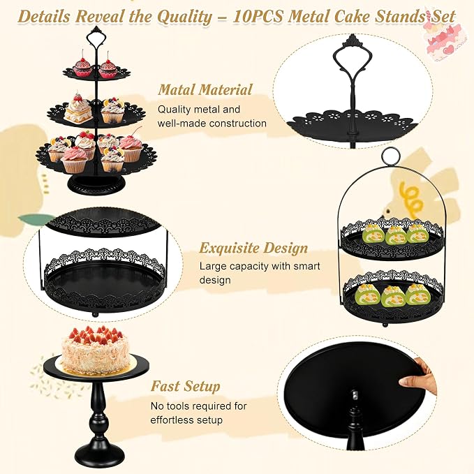 HAISIWLKJ 10 Pcs Black Cake Stand Set Metal Cupcake Stands, Multiple Styles Dessert Display Tower for Candy Fruit, Cake Serving Trays for Birthday, Wedding, Anniversary, Baby Shower, Engagement Party