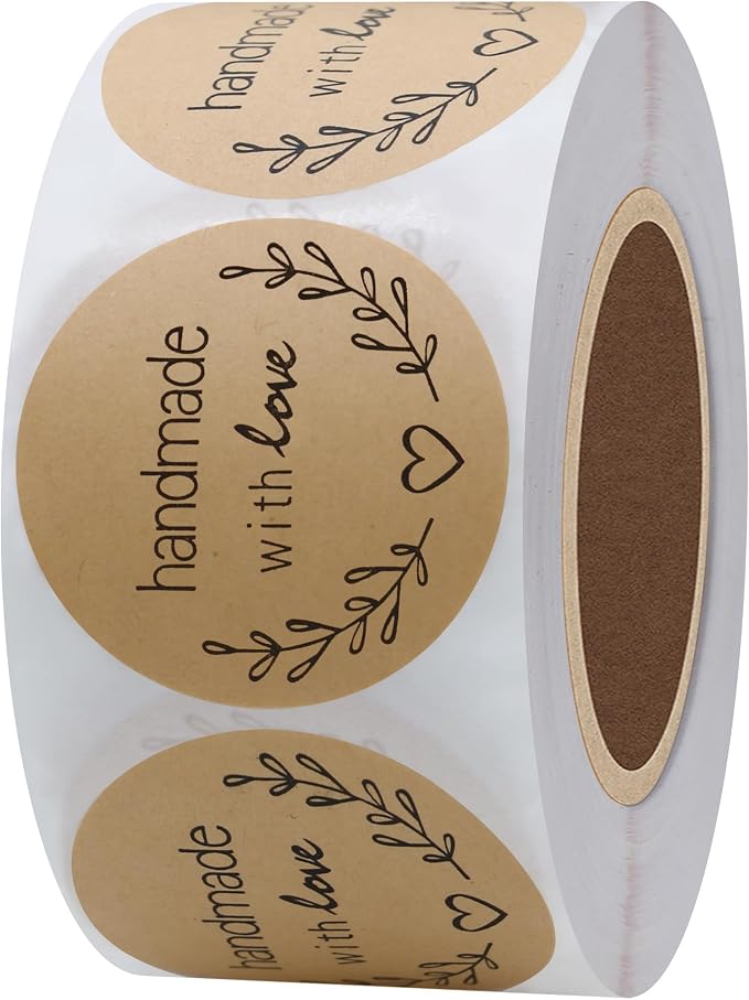 Hybsk Kraft Olive Branch Handmade with Love Stickers 1.5 inch Round Total 500 Labels on a Roll (Kraft)