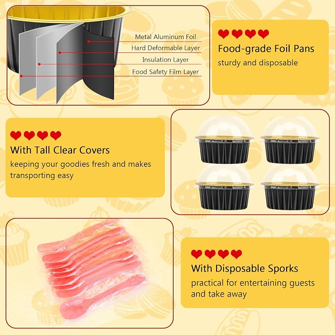 5oz Cupcake Pans with Lids 25 Pack, Foil Baking Cups Disposable Muffin Tin Aluminum Mini Cake Pans Creme Brulee Ramekins Cupcake Containers Liners for Holiday Baking-Black