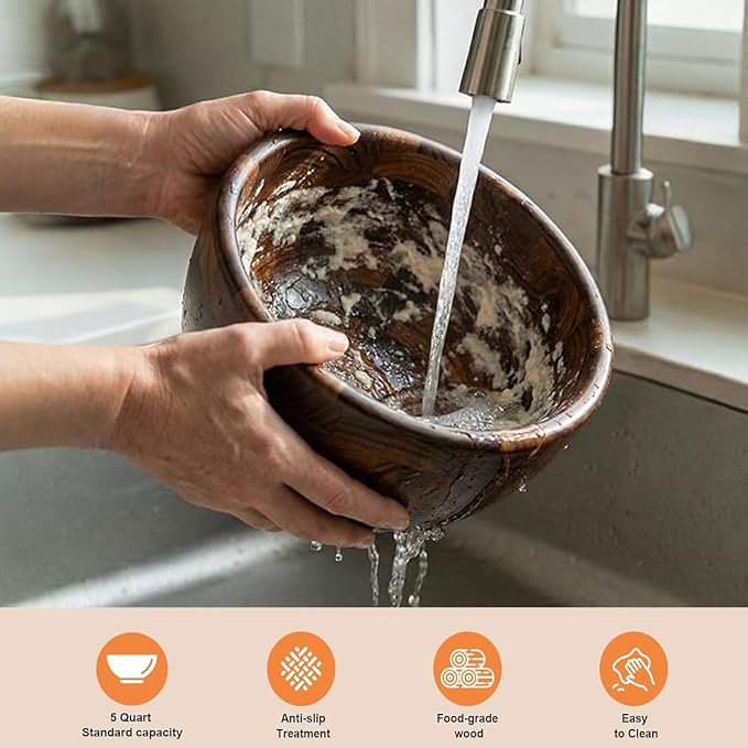 5 Quart Natural Wooden Mixing Bowl, Compatible with KitchenAid 4.5-5 Qt Tilt-Head Stand Mixers, Handcrafted Solid Wood Bowl with Stainless Steel Locking Base, Aesthetic Replacement
