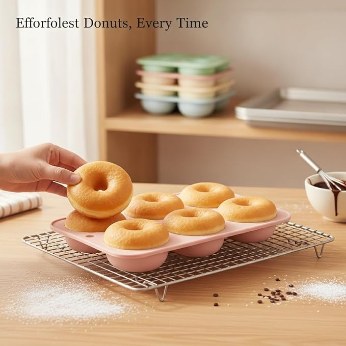 6-Cavity Silicone Donut Pan, Non-Stick Flexible Baking Mold for Easy Release, Mini Donut Maker Tray, Pink
