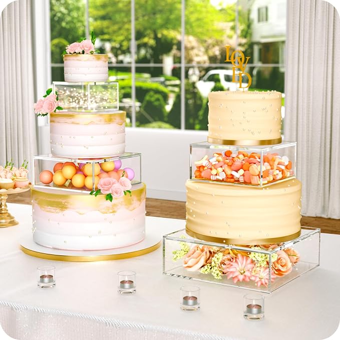 2PCS Clear Acrylic Cake Stand, Fillable Cake Box Riser Cake Tier, Square Cake Display Box with Lid, Decorative Centerpiece Box for Wedding Birthday Party (2pcs, 12" Dx4” H; 8" Dx4” H, 2M LED Lights)