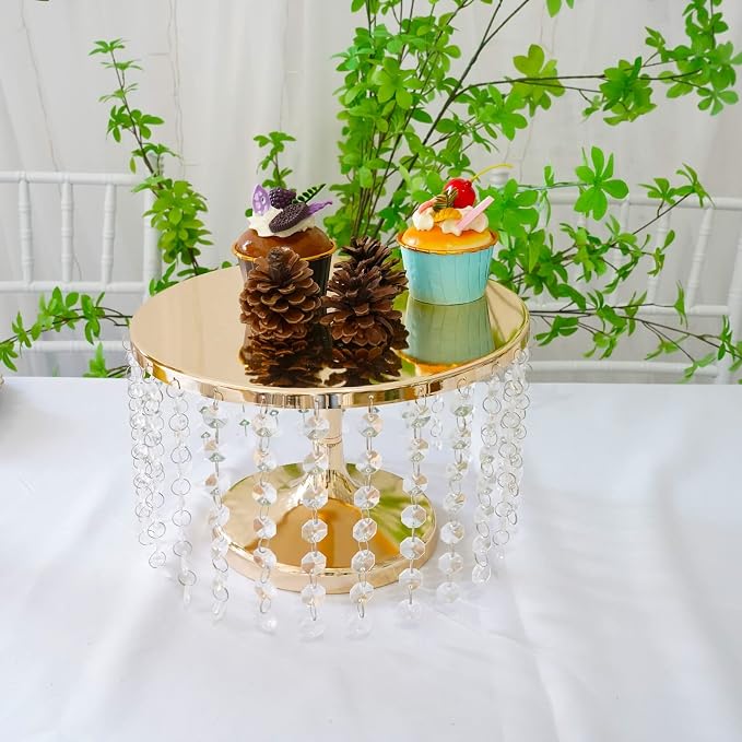 Cake Stand for Dessert Table 12 Inch Gold Crystal Pendants Metal Cake Stand Serves as A Round Dessert Cupcake Display Plate for Table, Wedding, Party, Event