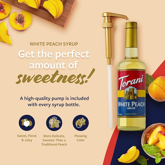 Torani Syrup, White Peach Flavoring for Drinks, Glass Bottle with Pump Included, 25.4 Fl Oz