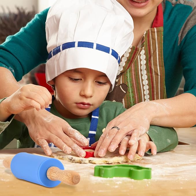 Mini Silicone Rolling Pin for Kids, Non-stick Surface Wood Handle, 9 Inch 2 Pack