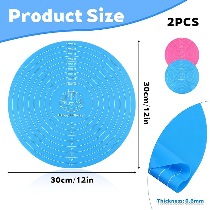 2Pcs Silicone Cake Mat,12 Inch Round Baking Mat with Measurements Reusable Turntable Pastry Mats for Rolling Out Dough Cake Pizza and Cookies (Pink&Blue)
