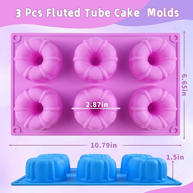 Mini Fluted Cake Pan, 3 Pcs Mini Fluted Tube Cake Pans for Baking 18 Cavity Silicone Baking Molds for Cupcake, Cornbread, Brownie, Donuts, Jello
