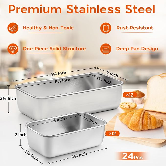 Onader 24 Pack Loaf Pans for Baking Bread, Stainless Steel Bread Loaf Pan for Meatloaf Homemade Sandwich, Includes 12Pcs 9x5 Inch & 12Pcs 6¼ x 3⅝ Inch, Dishwasher Safe