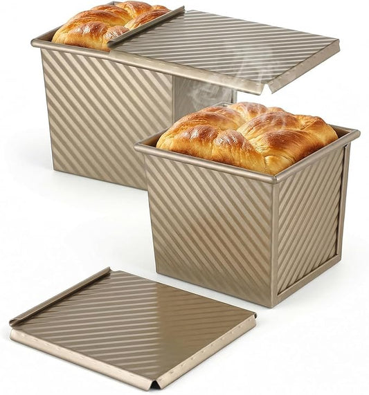 2pcs mini loaf pans with lids pullman loaf pan with lid bread pan with lid Nonstick Square bread loafs pans with lids 4.53x3.94x4.33in Mini Toast Box with Slide Cover for Baking 250g/0.55Lb