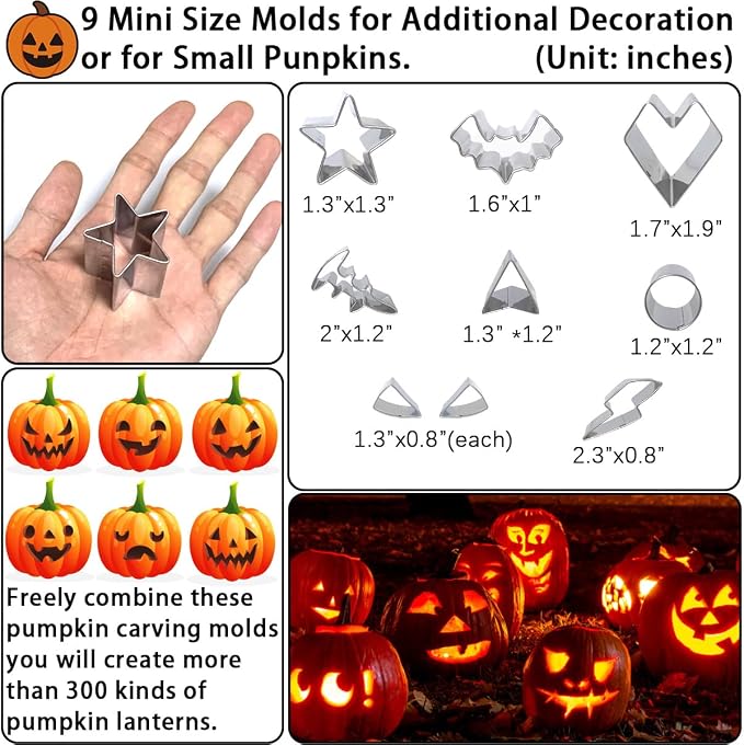 Pumpkin Carving Kit 22Pcs Tools, 2” Deep Halloween Pumpkin Carving Stencils Set Metal Mold with Hammer, Safer & Funny Halloween Decoration Cookie Cutters Shapes Pie Pancake