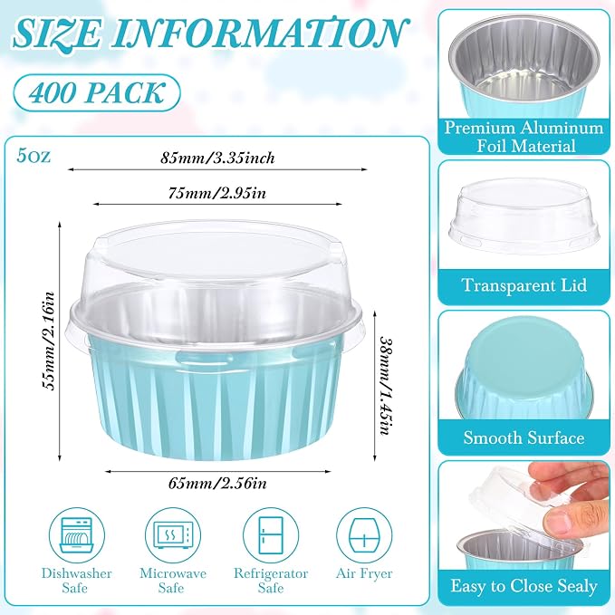 Gejoy 400 Pcs Aluminum Foil Baking Cups with Lids 5 oz Disposable Ramekins Mini Cake Pans Creme Brulee Cupcake Liners Muffin Tins Flan Mold Dessert Container for Wedding(Blue,Classic)