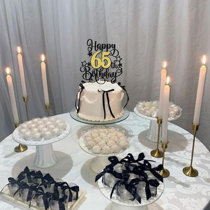 1 PCS Happy 65th Birthday Cake Topper Black Gold Glitter Cheers to 65 Years Birthday Cake Pick Hello 65 Fabulous Cake Decoration for Happy 65th Birthday Anniversary Party Decorations Supplies