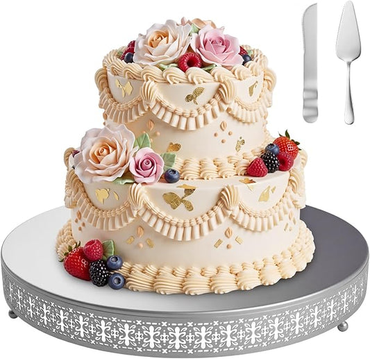 Wenqik Silver Cake Stand 20 Inch Metal Round Cupcake Dessert Stand with Cake Cutting, Spatula Cookies Cupcake Pastry Display Candy Holder Fruit Serving Tray for Wedding Birthday Party