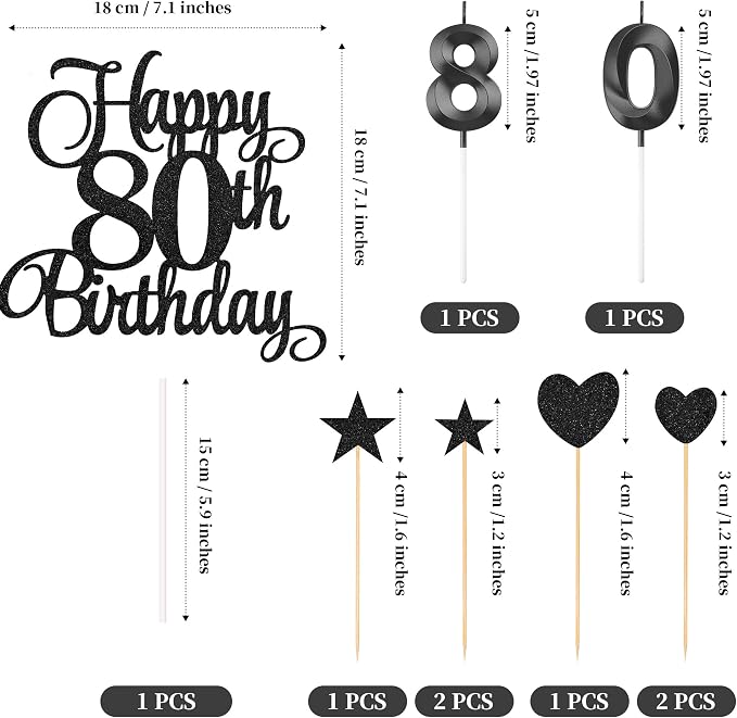 80th Birthday Cake Decorations, 80th Birthday Candles Cake Numeral Candles and Glitter Happy 80th Birthday Cake Toppers Set for Birthday Party Supplies (Black)