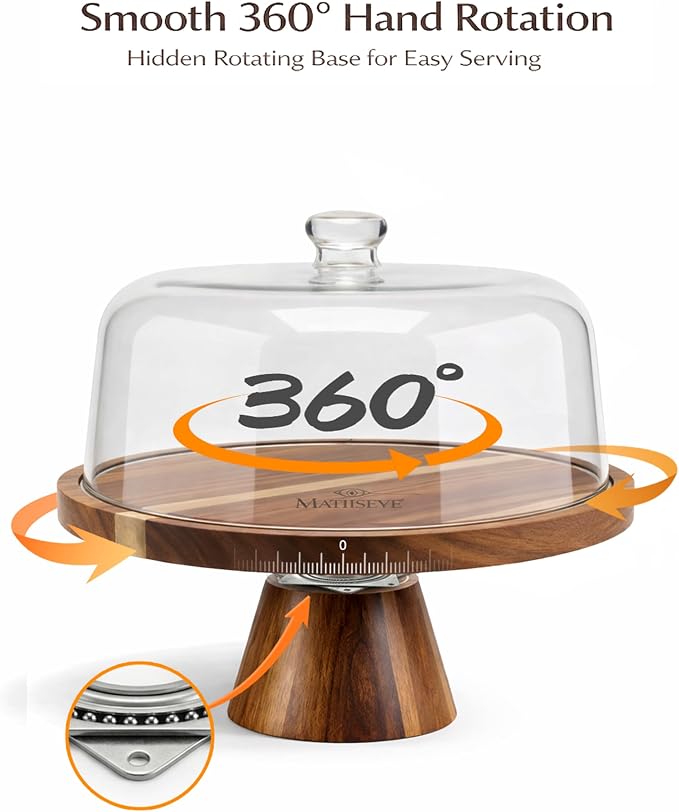 2026 Upgraded Cake Stand with Lid, 11.8 Inch Rotating Dessert Display Stand, Clear Acrylic Dome and Wooden Base, Cake Holder Serving Platter for Kitchen, Party, Wedding