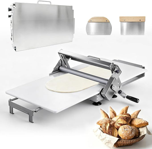 15.5" Folding Dough Sheeter, Manual Dough Roller Machine, Stainless Steel Adjustable Thickness 2-25mm, Countertop Dough Sheeter for Home and Commercial Use