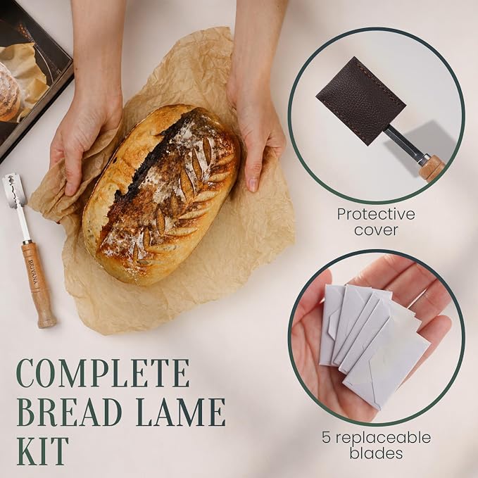 Bread Lame, Sourdough Scoring Tool for Bread Baking, Bread Scoring Tool with Beech Wood Handle, Protective Cover & 5 Replacement Blades