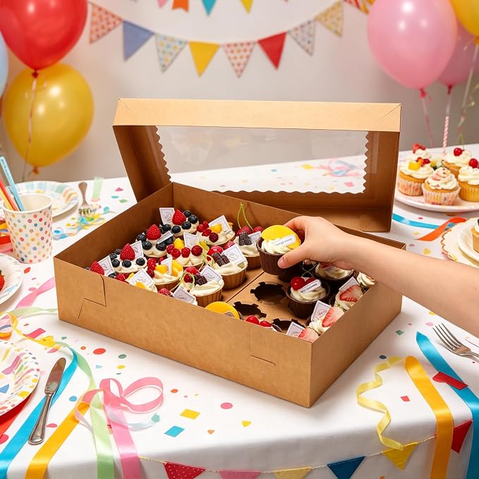 10 Pack 24 Count Standard Cupcake Boxes with Window & Inserts Brown | Cupcake Containers Bakery Box for Standard Muffins, Pastry Dessert for Birthday Party, Wedding, Baby Shower-17.5x11.5x4 Inch