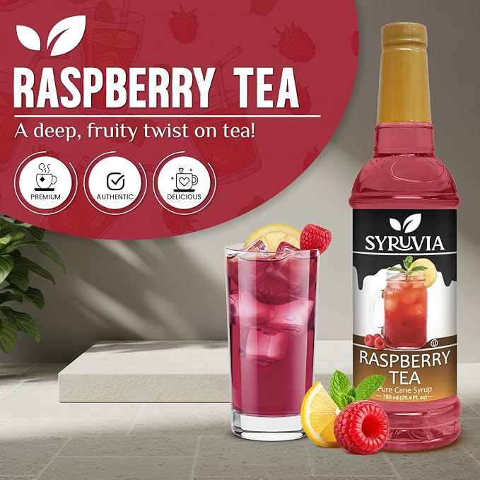 Syruvia Raspberry Tea Syrup, Flavored Syrup for Teas, Drinks, Lemonades, Iced Teas, and Desserts – 25.4 fl oz - with Pump