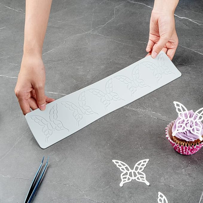 Restaurantware Pastry Tek Fondant Impression Mat 1 Reusable Fondant Embosser - Butterfly Pliable Gray Silicone Cake Impression Mat Dishwashable For Cake Decoration