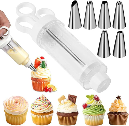 Suuker Cake Decorating Gun, Cupcake Icing Piping Kit, Cake Decorating Kit with 6 Stainless Steel Piping Tips, Cupcake Injector/Decorating Icing Set, White