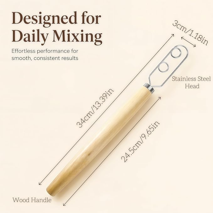 Digead Danish Dough Whisk, Stainless Steel Dutch Whisk with Wooden Handle | Ergonomic Manual Mixing Tool for Home Baking: Heavy Dough, Sourdough Bread, Pizza Dough, Cake Batter (13 inch)