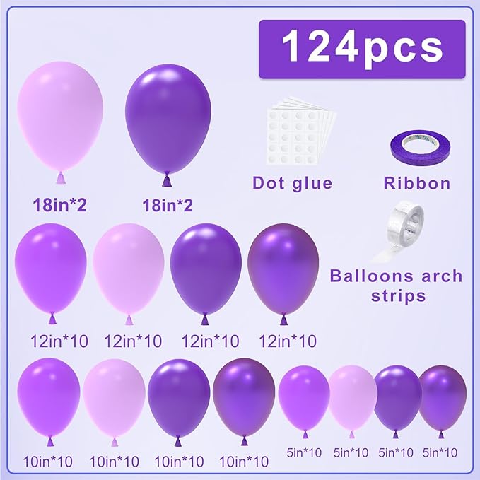NISOCY 124Pcs Purple Balloons Garland Arch Kit, 18In 12In 10In 5In Different Size Macaron Matte Dark Purple Metallic Purple Balloons for Women Birthday Wedding Baby Shower Halloween Themed Party