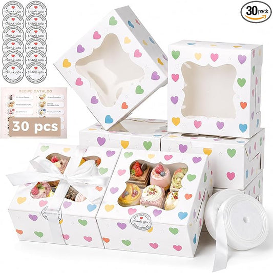 OAMCEG 30 Pack Cookie Boxes with Window, 6x6x3 Inch White Bakery Boxes for Desserts, Donuts,Cookies, Heart-shape Take-out Treat Boxes for Party & Wedding, Gifts