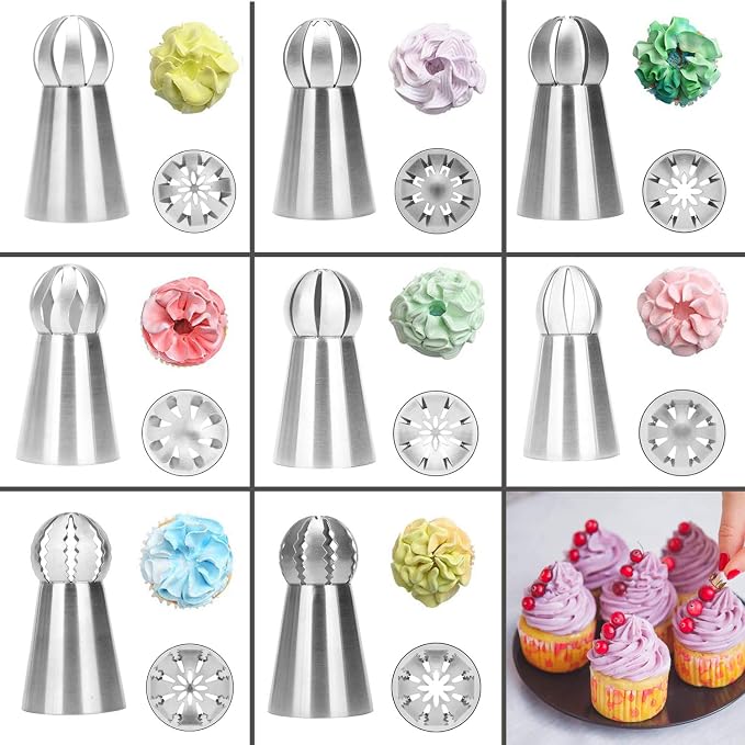 Russian Piping Tips 8 Pcs/Set, Messar Stainless Steel Russian Piping Ball Tips Frosting Icing Piping Nozzles Set Flower Cake Decorating Tips Kit for DIY Baking Cake Decorating Supplies (8 Pcs)
