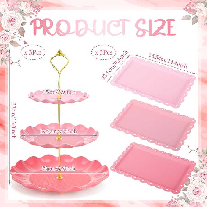 FoldTier 6 Pack Cupcake Stand Set 3 Pcs 3 Tier Gradient Dessert Table Display Stands Cookie Tray Rack 3 X14 in Rectangle Party Trays for Wedding Birthday Tea Party Baby Shower (Pink,Round)