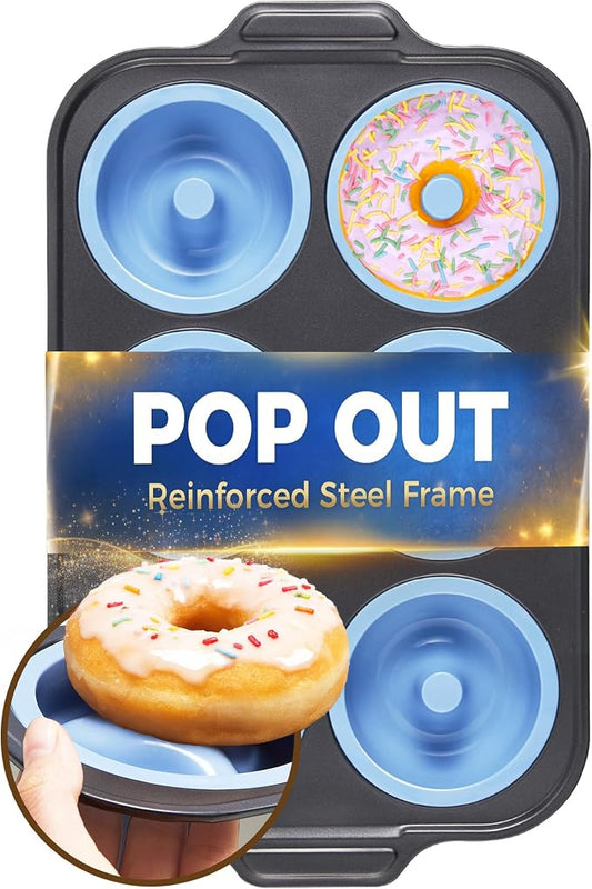 BRONYPRO Silicone Donut Pan for Baking with Metal Reinforced Frame, 6-Cavity Nonstick Doughnut Mold, Large Donut Size, Food-Grade Bakeware, Oven Dishwasher Freezer Safe, Blue